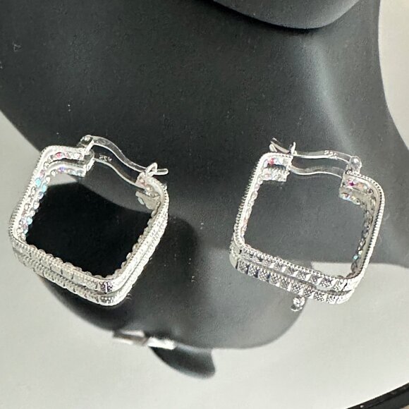 Sterling Silver 925 Square Hoop Earrings With Zircon Accents 3MM - Picture 6 of 9